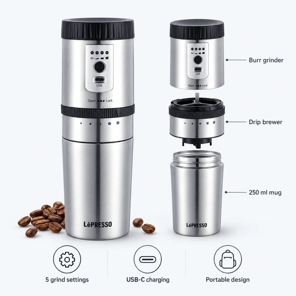 LePresso Portable Coffee Grinder & Maker with 250ml Mug