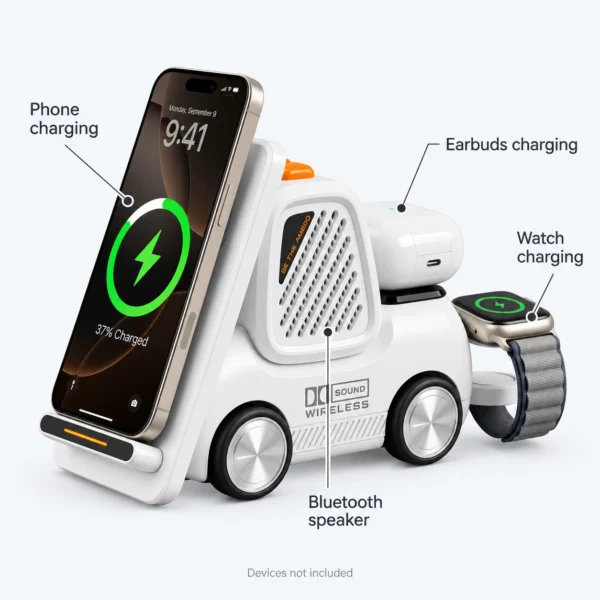 4-in-1 Wireless Charging Station & Bluetooth Speaker, White